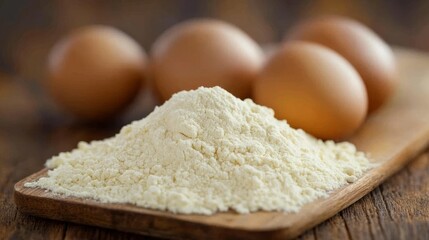 Pile of White Flour with Fresh Brown Eggs. Ingredients for Baking on Wooden Background