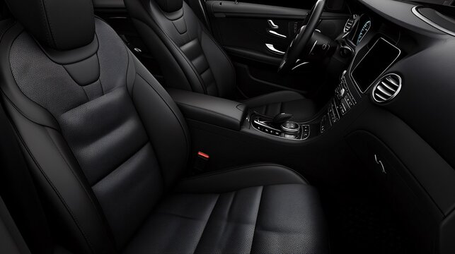 Luxurious black leather car seats with elegant stitching and modern interior design.