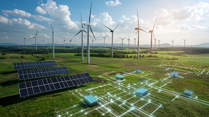 Innovative battery technology supporting a smart and sustainable energy grid harnessing renewable power from wind turbines and solar panels to generate clean efficient electricity for the future