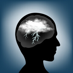 Silhouette of a human head with a thundercloud and lightning inside. Concept stress and depression. Stock vector illustration