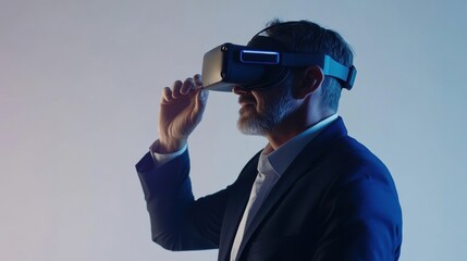 A businessman in a suit exploring virtual reality with a VR headset, set against a modern blue gradient background for a futuristic vibe.