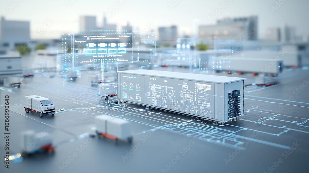 Poster Conceptual visualization of cutting edge energy storage technology integrated within a smart grid system designed to balance peak load demands optimize energy distribution