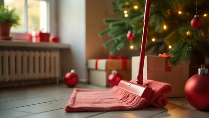 Festive Christmas Setting for Cleaning Firms with Realistic Tools and Generous Space for Promotional Branding