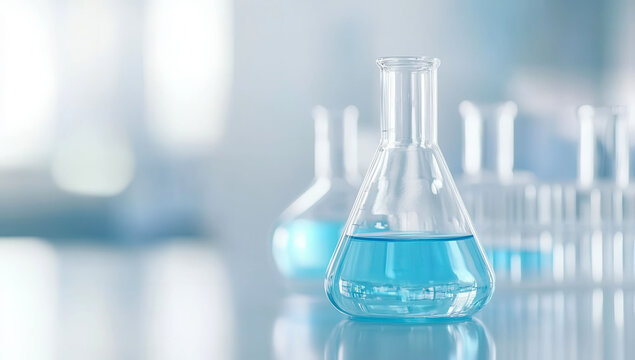 Close-up of a laboratory flask with blue liquid in modern lab