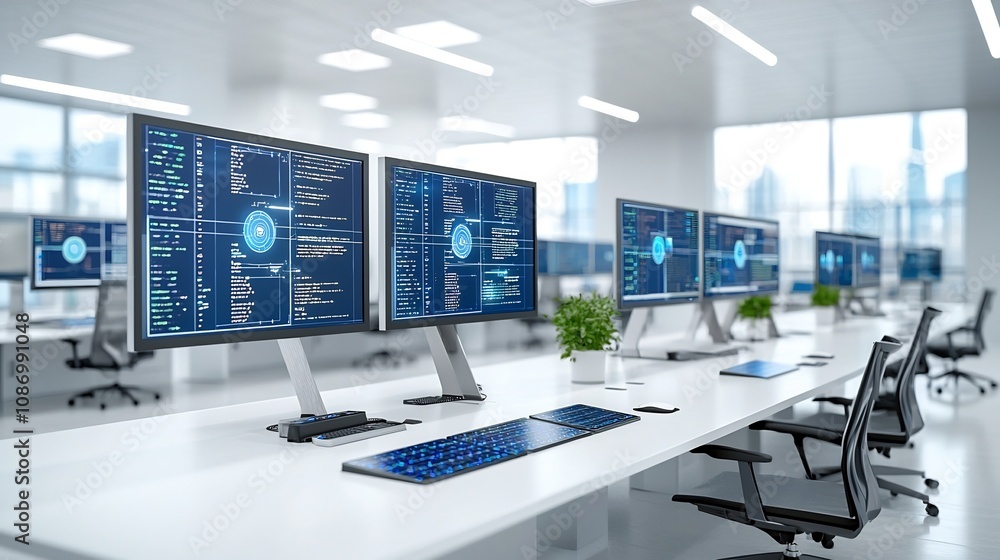 Poster Futuristic AI powered energy management center using advanced analytics and automation to balance and optimize solar wind and traditional energy sources for maximum grid efficiency and sustainability