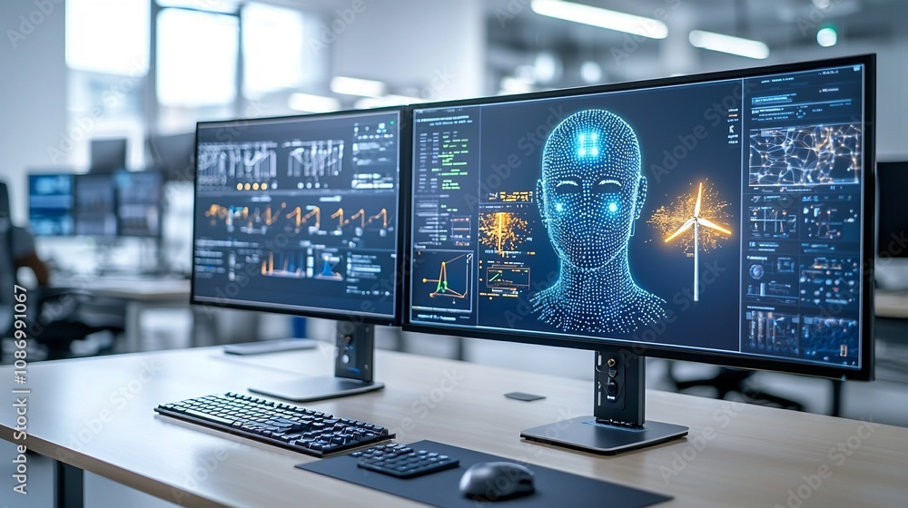 Aufkleber Futuristic energy management center using advanced technology to intelligently balance and optimize the of solar wind