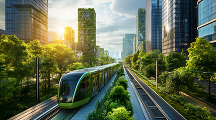 modern urban landscape features green tram moving through city with lush greenery and eco friendly architecture, showcasing sustainable transport solutions