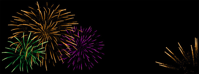 Fototapeta premium Beautiful fireworks with shining sparks at night sky, background with copy space. Vector illustration