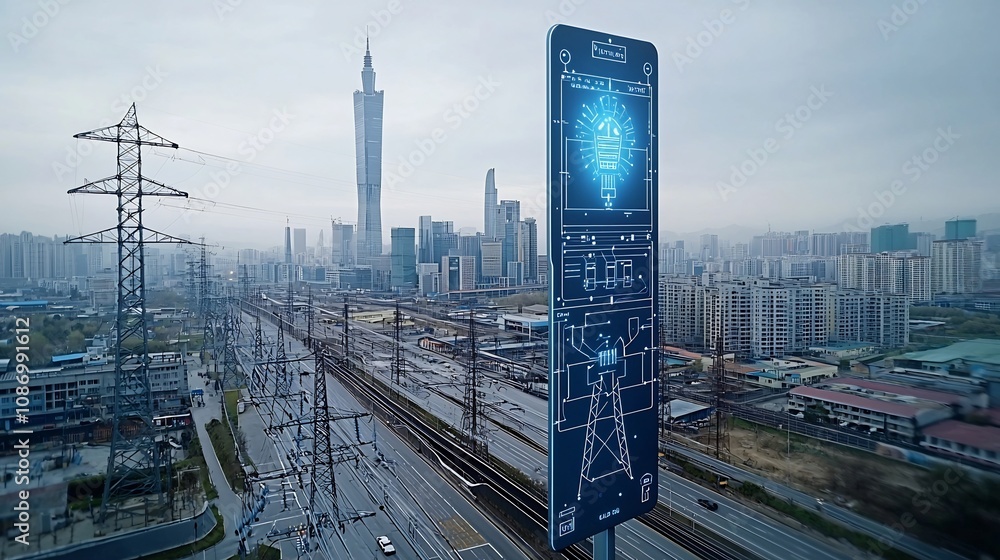 Aufkleber Conceptual of an AI enhanced smart grid system that seamlessly integrates renewable energy sources like solar and wind with traditional fossil fuel based power to stabilize and optimize the urban