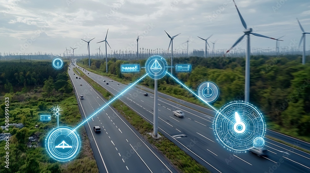 Poster Conceptual of an AI enhanced smart grid system that seamlessly integrates renewable energy sources such as solar and wind power with conventional fossil fuel based power to optimize and stabilize the