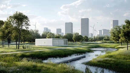 Conceptual of an AI enhanced smart grid system that connects and optimizes the of renewable energy sources like solar and wind power with traditional fossil fuel based power This advanced grid