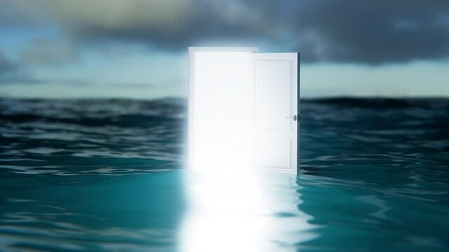 Abstract 3d animation of opening door with glowing light over dark blue ocean