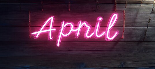 April. Neon Sign on Dark Wooden Background With Light Reflection. Spring Concept Image.