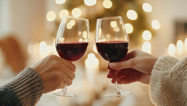 Two people toasting red wine glasses in a cozy romantic setting