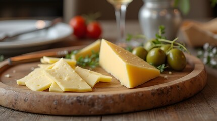 Parmesan cheese lies on a wooden board next to green olives and a glass of white wine. Cheese snack.