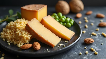 Cheese snack on a plate, next to green peas and almonds. Parmesan cheese, chopped and grated into small pieces. Grated cheese.