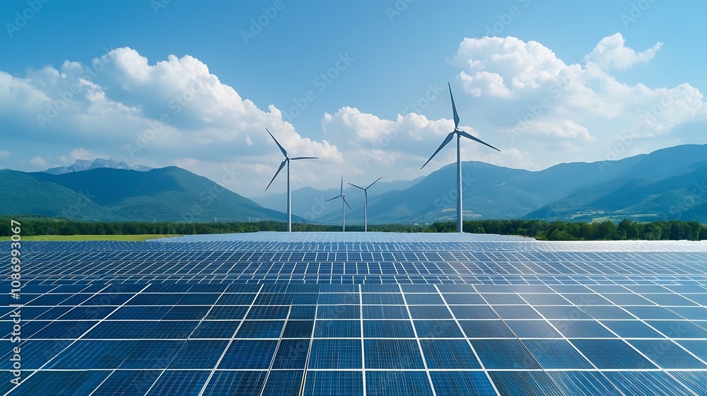 Poster advanced grid system efficiently integrating solar cells wind turbines and battery storage for susta