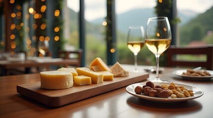 Different types of hard cheeses and nuts with glasses of white wine and champagne in Christmas decorations. Romantic dinner with cheese appetizers.