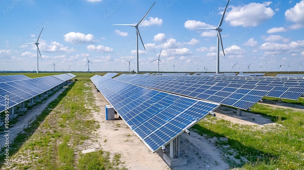 Poster sustainable energy hub with solar panels wind turbines and battery storage showcasing smart grid tec