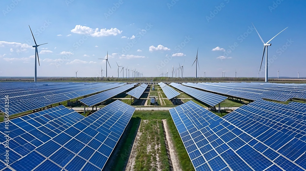 Poster Sustainable Smart Grid Network Integrating Solar and Wind Energy with Advanced Storage Systems for Balanced and Efficient Power Supply  Futuristic Energy Infrastructure Concept