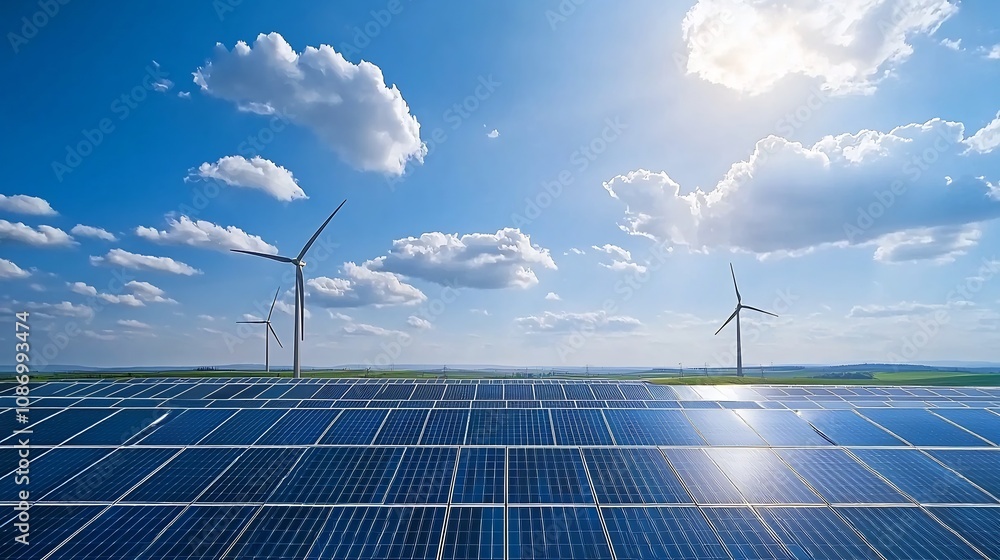 Poster smart grid energy storage system balancing renewable power from solar panels and wind turbines for r