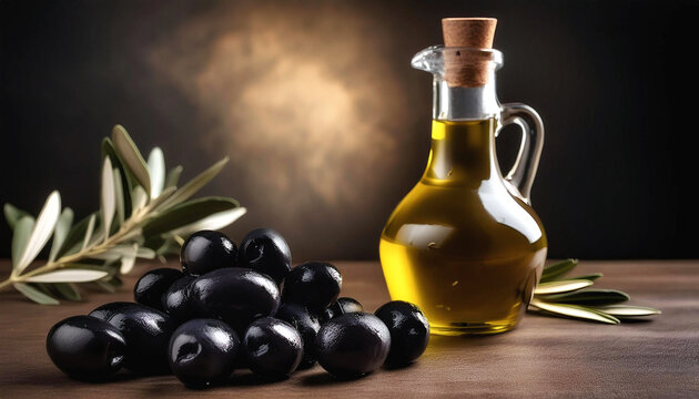 Bodegon con una rama de olivo, aceitunas negras y una aceitera de cristal con aceite virgen.