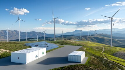 Conceptual of a smart grid system that integrates renewable energy sources like solar and wind power with advanced energy storage technologies to enable stable and efficient distribution of clean