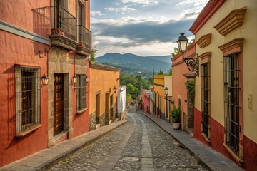 Fototapeta premium Narrow Street in Old Town - Urban Exploration Photography, Historic Architecture, Cobblestone Pathways, Vibrant Facades, Hidden Alleys, Architectural Details, Urban Adventure, Travel Photography