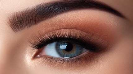 Fototapeta premium Close-up View of a Beautiful Eye Highlighting Flawless Skin Texture and Stunning Makeup with Detailed Eyelashes and Natural Eye Color