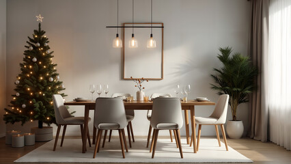 Fototapeta premium Cozy Modern Living Room with Beautifully Arranged Dining Christmas Table: An Invitation to a Festive Celebration
