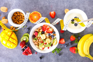 Breakfast with granola and berries fruits. healthy eating, dieting food concept