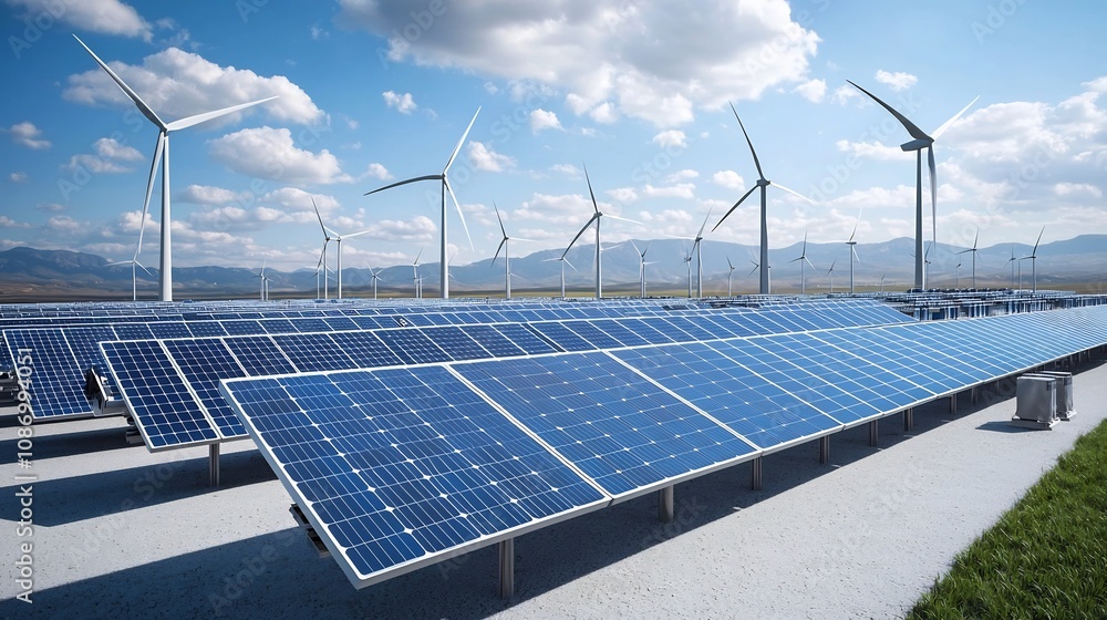 Aufkleber image showcasing a smart grid energy storage system that integrates solar cells and wind farms to pr
