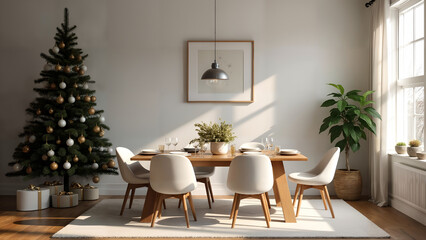 Obraz premium Cozy Modern Living Room with Beautifully Arranged Dining Christmas Table: An Invitation to a Festive Celebration