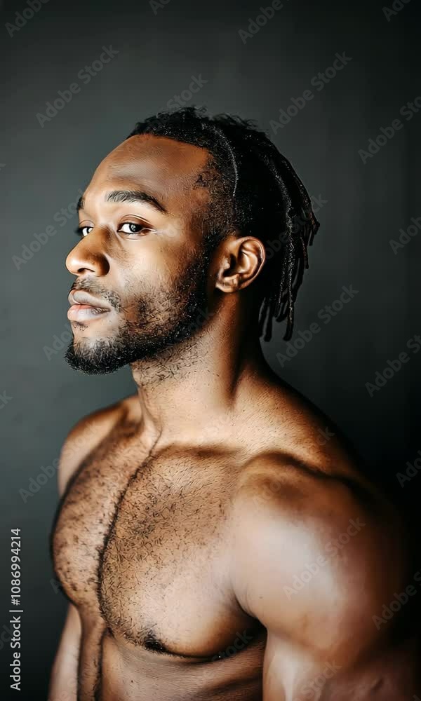 Poster a man with a beard and dreadlocks stands in front of a black background. he has a serious expression