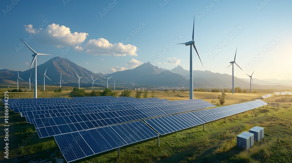 Aufkleber sustainable energy infrastructure utilizing renewable sources like solar and wind power with advance