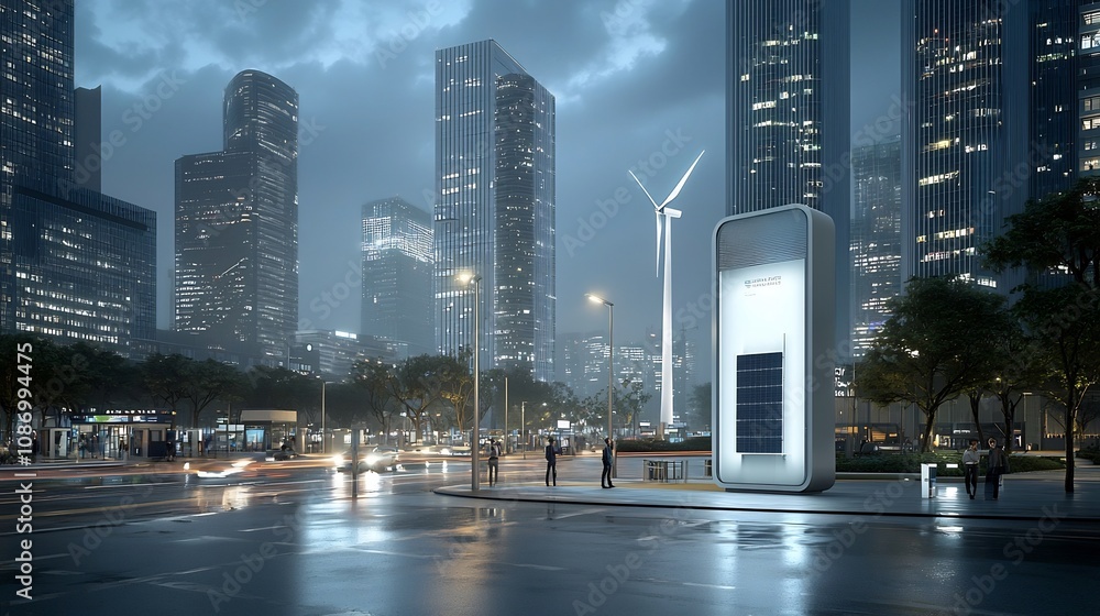 Aufkleber futuristic smart city skyline with solar panels wind turbines and battery storage systems connected 