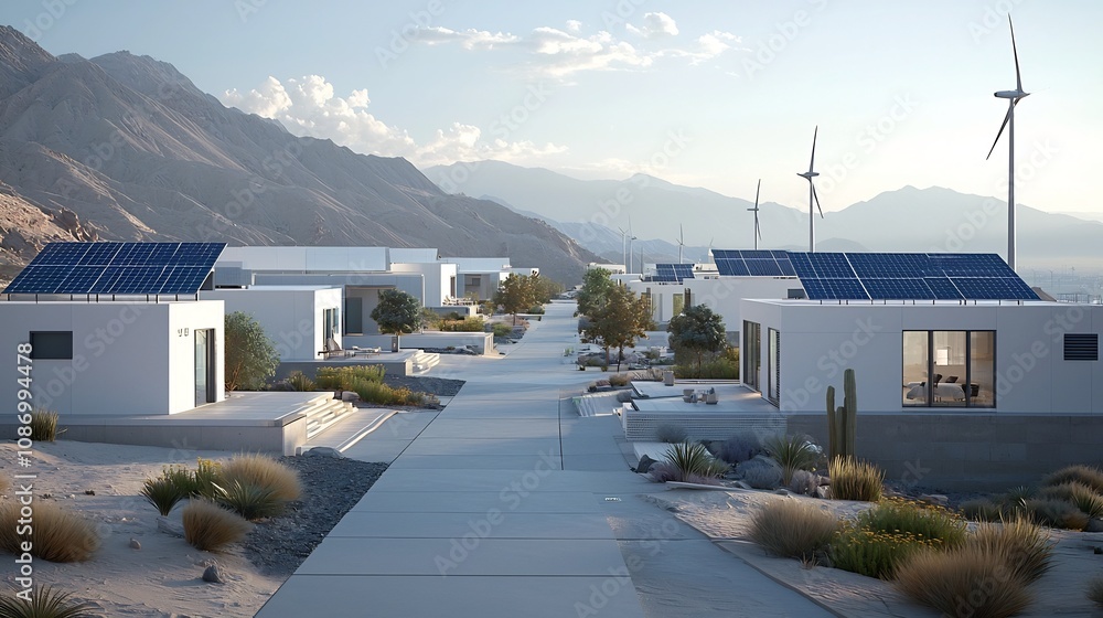 Poster aerial view of a futuristic high tech sustainable city powered by renewable energy sources like sola