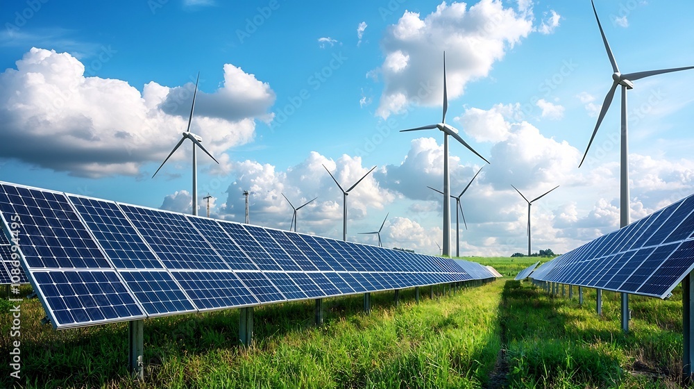 Poster comprehensive renewable energy storage system featuring solar panels and wind turbines integrated wi
