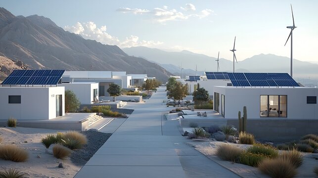 Aerial view of a futuristic high tech sustainable city powered by renewable energy sources like solar and wind