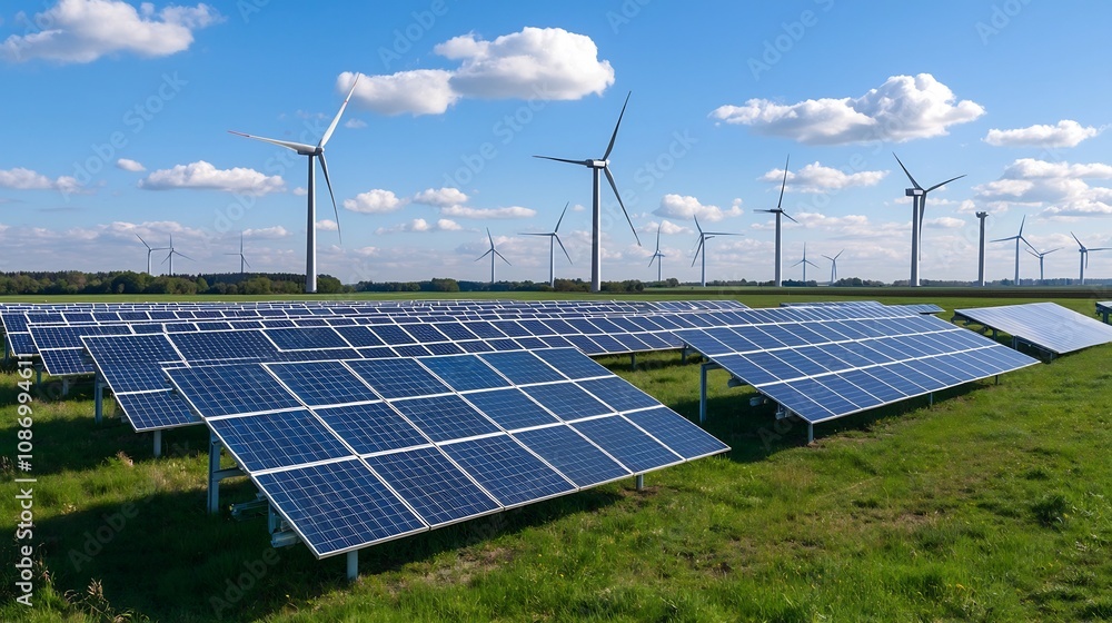 Poster sustainable renewable energy solution showcasing solar panels and wind turbines connected to a smart