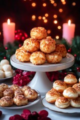 Holiday cheese puffs stacked on a decorative stand