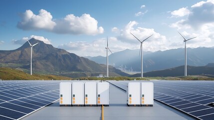 Renewable Energy Infrastructure Harnessing Solar and Wind Power for a Sustainable Future  Connected Smart Grid and Energy Storage System in a Scenic Countryside Landscape