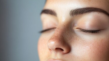 Close-Up of a Serene Woman's Face with Freckles and Natural Skin Tone Showing Relaxation and Beauty in a Calm Atmosphere