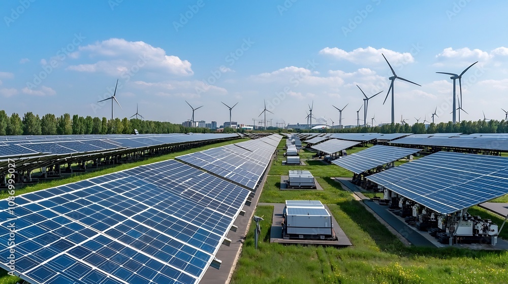 Aufkleber sustainable renewable energy infrastructure in a modern smart city combining solar power wind turbin