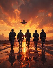 Silhouettes of soldiers walking on a wet runway at sunset, with a fighter jet taking off in the background. Military teamwork and aviation concept.