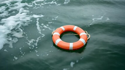 A red life preserver is floating in the ocean. The water is choppy and the life preserver is the only thing visible