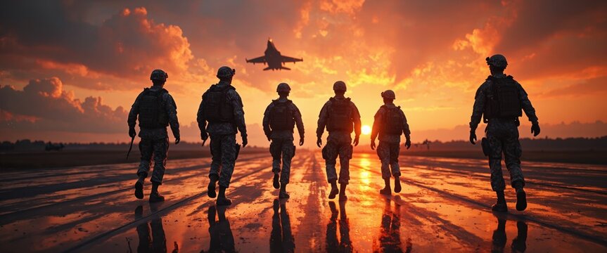 Silhouettes of soldiers walking on a wet runway at sunset, with a fighter jet taking off in the background. Military teamwork and aviation concept.