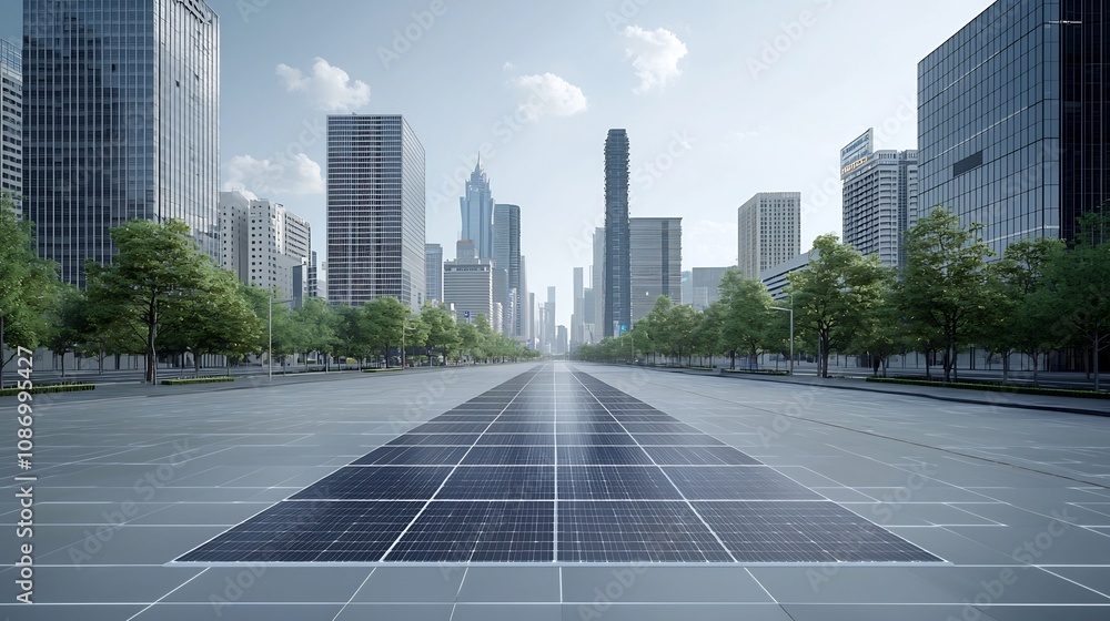Poster futuristic city skyline with skyscrapers and buildings utilizing renewable energy sources like solar