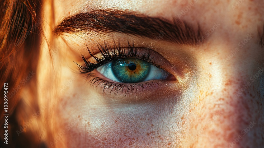 Poster close-up of an eye with unique colors and freckles, capturing the intricacies of human expression an
