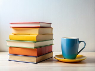Naklejka premium Minimalist Product Photography of a Stack of Colorful Books Next to a Coffee Mug on a Clean White Background for Education and Study Concepts